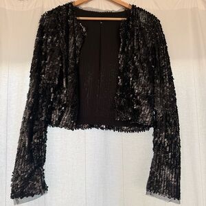 Tildon Black Sequin Cropped Jacket Sheer Sparkly Long Sleeve Open Front S